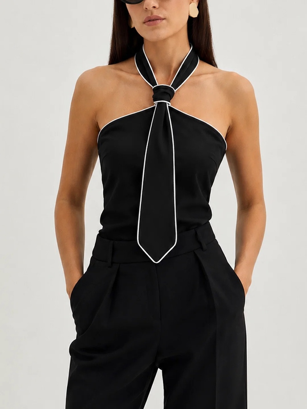 COMMENSE Tie Detail Contrast Trim Halter Neck Top - size Small